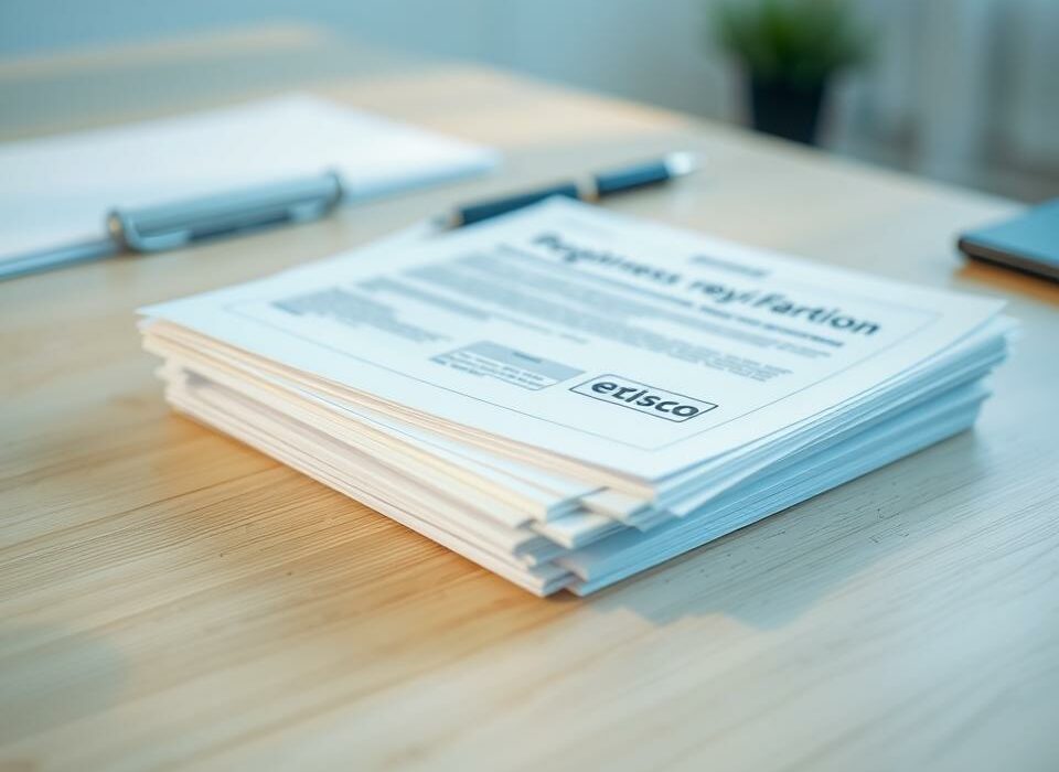 A stack of neatly organized business registration documents rests on a clean, wooden desk. The forms are free of any text or logos, conveying a sense of bureaucratic efficiency. Soft, diffused lighting illuminates the paperwork, casting subtle shadows that add depth and dimension. The composition is balanced, with the documents occupying the foreground, while the background is blurred, keeping the focus on the essential elements. An atmosphere of professionalism and attention to detail pervades the scene, reflecting the process of registering a new business with the local authorities.