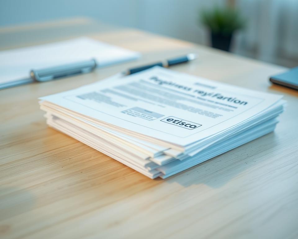 A stack of neatly organized business registration documents rests on a clean, wooden desk. The forms are free of any text or logos, conveying a sense of bureaucratic efficiency. Soft, diffused lighting illuminates the paperwork, casting subtle shadows that add depth and dimension. The composition is balanced, with the documents occupying the foreground, while the background is blurred, keeping the focus on the essential elements. An atmosphere of professionalism and attention to detail pervades the scene, reflecting the process of registering a new business with the local authorities.