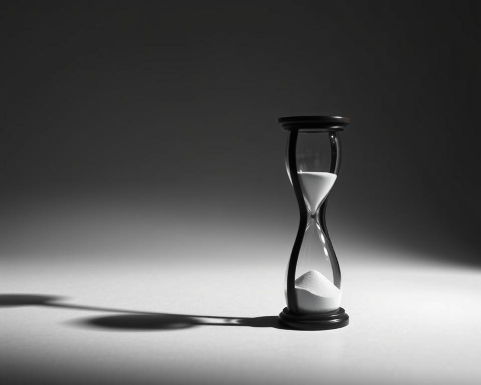 A stark, minimalist scene depicting the concepts of "Wichtigkeit und Dringlichkeit". In the foreground, two contrasting hourglass shapes – one large and ornate, the other small and simple. The larger hourglass casts a long, dramatic shadow, representing the weighty and pressing nature of important tasks. The smaller hourglass stands in sharp focus, its sand rapidly draining, conveying the urgency of time-sensitive matters. The background is a muted, neutral palette, allowing the central elements to command attention. Dramatic chiaroscuro lighting casts deep shadows, heightening the sense of gravity. The overall composition is clean and minimalist, with a strong emphasis on form, contrast, and the interplay of light and shadow to visually express the core ideas.