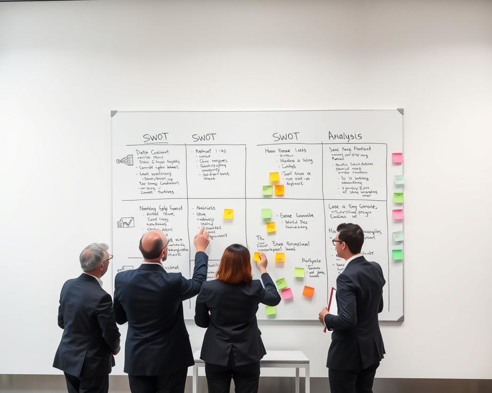 A strategic planning session with a SWOT analysis on a large whiteboard. In the foreground, a group of businesspeople in formal attire stand around the board, discussing and pointing at the various sections. The lighting is bright and even, creating a professional atmosphere. The middle ground shows the whiteboard filled with handwritten notes, diagrams, and colorful sticky notes, arranged in a clear and organized manner. The background is blurred, emphasizing the focus on the analysis. The scene conveys a sense of collaboration, careful consideration, and strategic decision-making.