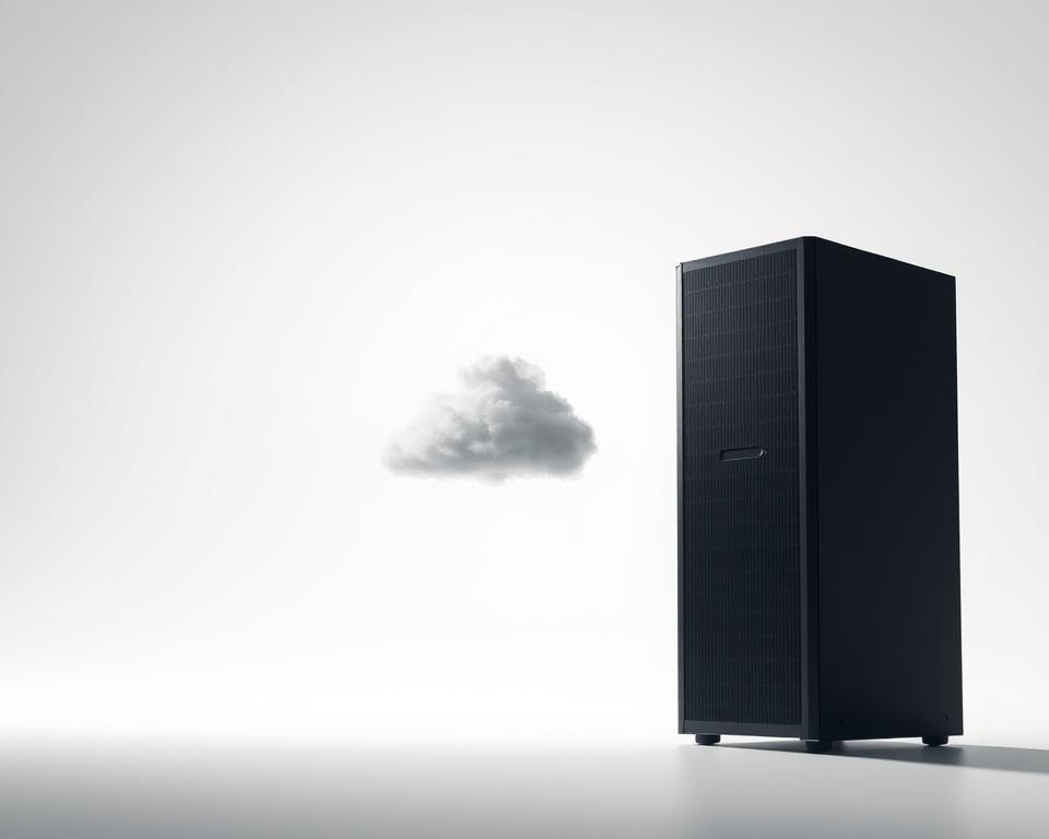 A striking contrast between traditional software models and cloud-based SaaS solutions. In the foreground, a towering on-premises server stands as a symbol of legacy systems, its bulky frame casting a long shadow. In the middle ground, a sleek, minimalist SaaS interface floats effortlessly, representing the agility and accessibility of cloud computing. The background is bathed in a soft, ethereal glow, hinting at the scalability and seamless user experience of modern cloud-based platforms. The lighting is crisp and directional, creating a sense of depth and dimensionality. The overall mood is one of progress and innovation, inviting the viewer to explore the contrasts between these two distinct software models.
