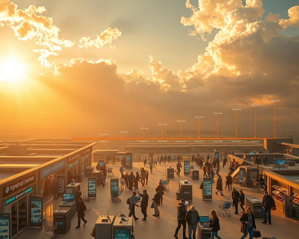 A sweeping panorama of the historical evolution of e-commerce, illuminated by warm, golden light filtering through clouds. In the foreground, a bustling online marketplace with digital storefronts and customers browsing products on various devices. The middle ground showcases the gradual technological advancements, from early web pages and shopping carts to sophisticated mobile apps and AI-powered recommendations. In the background, a timeline of key milestones unfolds, tracing the exponential growth of e-commerce from its humble beginnings to the present day. The scene conveys a sense of progress, innovation, and the ever-expanding potential of the digital marketplace.