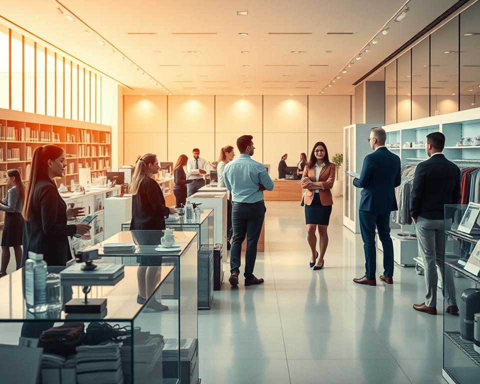 A thriving business landscape with two distinct paths - direct sales and cross-selling. In the foreground, a bustling showroom filled with knowledgeable sales representatives, eager to guide customers through a diverse range of products. In the middle ground, a team of managers strategizing ways to maximize revenue through complementary offerings. The background showcases a modern, sleek office environment, with clean lines and a minimalist aesthetic, reflecting the efficiency and professionalism of the organization. Warm lighting casts a subtle glow, creating an atmosphere of trust and reliability. The scene conveys the synergy between direct customer interactions and intelligent cross-selling tactics, a powerful combination for business success.