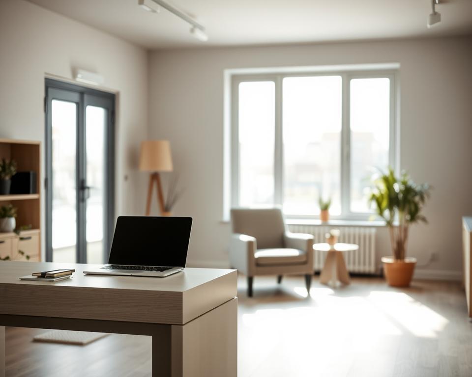 A tranquil office space, softly lit by natural light from large windows. A desk with a modern, minimalist design stands in the foreground, its clean lines and subtle texture creating a sense of efficiency and professionalism. On the desk, a laptop and a few carefully placed office supplies convey a productive, yet uncluttered atmosphere. The middle ground features a comfortable chair, inviting the viewer to imagine themselves in this space, contemplating the process of obtaining a KfW-Gründerkredit. The background subtly hints at the wider context, with neutral-toned walls and a few plants adding a touch of warmth and vitality to the scene. The overall impression is one of a calm, well-organized environment, conducive to the thoughtful consideration of the requirements and benefits of the KfW-Gründerkredit. A tranquil office space, softly lit by natural light from large windows. A desk with a modern, minimalist design stands in the foreground, its clean lines and subtle texture creating a sense of efficiency and professionalism. On the desk, a laptop and a few carefully placed office supplies convey a productive, yet uncluttered atmosphere. The middle ground features a comfortable chair, inviting the viewer to imagine themselves in this space, contemplating the process of obtaining a KfW-Gründerkredit. The background subtly hints at the wider context, with neutral-toned walls and a few plants adding a touch of warmth and vitality to the scene. The overall impression is one of a calm, well-organized environment, conducive to the thoughtful consideration of the requirements and benefits of the KfW-Gründerkredit.