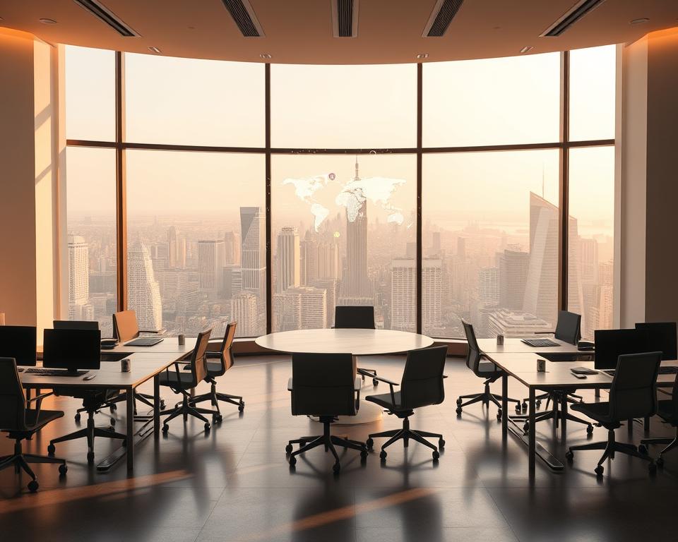 A tranquil office space with a large window overlooking a bustling city skyline. Warm, diffused lighting creates a sense of openness and transparency. Minimalist desks and chairs arranged in a circular formation, inviting collaboration and open communication. A central holographic display projects dynamic visualizations, symbolizing the flow of internal data and information sharing. The atmosphere exudes a balance of professionalism and creativity, where ideas and insights can be freely exchanged. A subtle, muted color palette reflects the importance of clarity and focus in internal corporate communication.