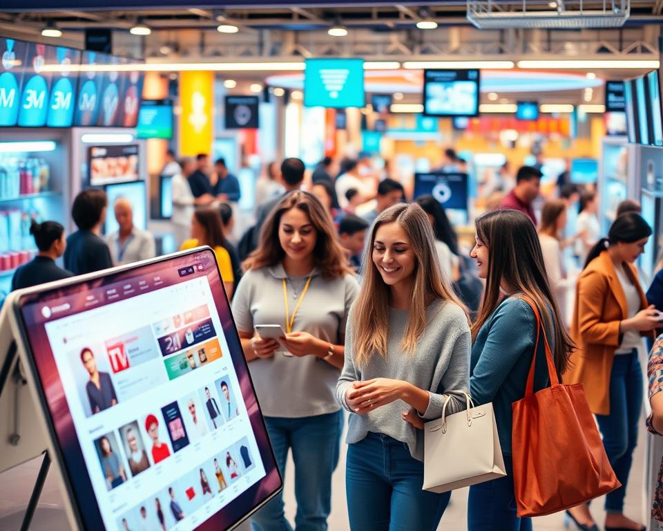 A vibrant and dynamic e-commerce scene, showcasing a diverse range of digital shopping experiences. In the foreground, an online store interface with clean, modern design elements and a visually appealing product display. In the middle ground, a group of satisfied customers navigating through a seamless user interface, completing transactions with ease. The background depicts a bustling virtual marketplace, with various digital platforms and channels, representing the interconnected nature of the e-commerce ecosystem. The scene is illuminated by a warm, inviting lighting, conveying a sense of convenience, accessibility, and success in the world of online retail.