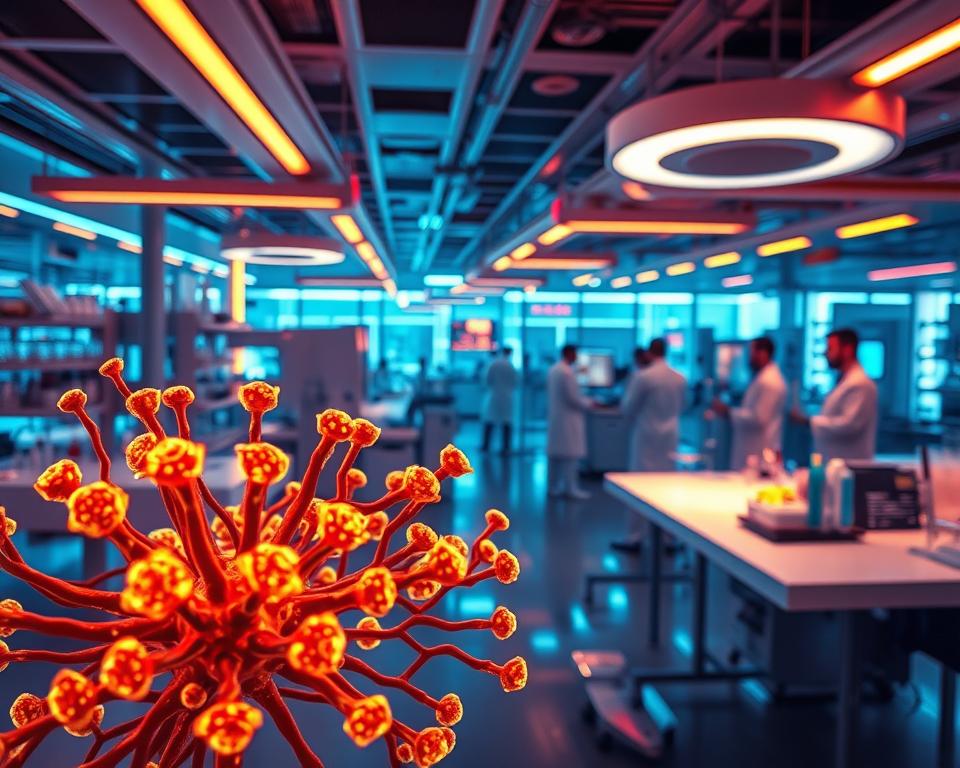 A vibrant and futuristic medical laboratory, bathed in warm, ambient lighting. Prominent in the foreground, a cluster of dynamic, glowing growth factors and cellular structures, pulsing with energy. In the middle ground, sleek medical equipment, test tubes, and holographic displays showcasing cutting-edge research and advancements. The background reveals a panoramic view of a bustling, high-tech medical facility, with scientists in crisp, white lab coats collaborating and analyzing data. The overall scene exudes a sense of innovation, progress, and the boundless potential of the healthcare industry.