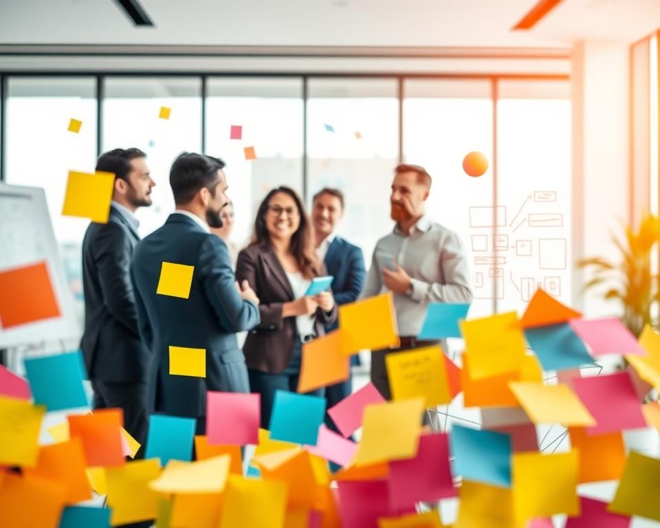 A vibrant, dynamic composition showcasing a variety of creative ideation techniques. In the foreground, a colorful array of sticky notes, mind maps, and brainstorming diagrams float against a clean, minimalist backdrop. The middle ground features a team of professionals engaged in a lively brainstorming session, their faces alight with inspiration. In the background, a sleek, modern office space sets the scene, complete with large windows bathing the scene in warm, natural lighting. The overall atmosphere is one of innovation, collaboration, and the endless possibilities of new business ideas.