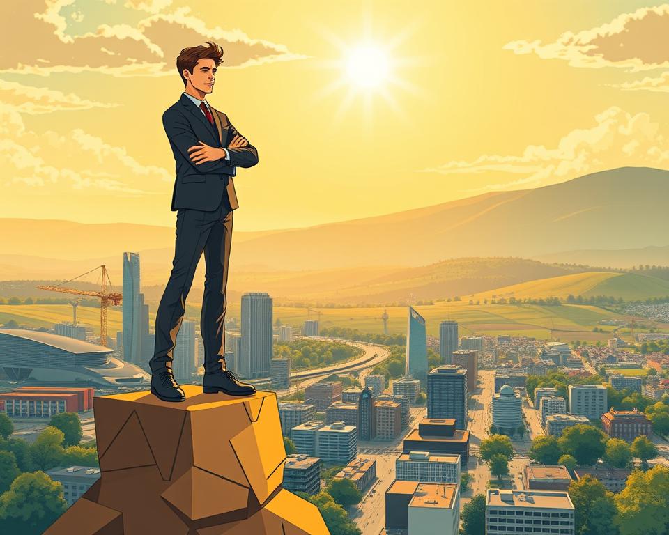 A vibrant, dynamic illustration of the foundations of entrepreneurship in Germany. In the foreground, a confident, determined figure stands atop a sturdy platform, symbolizing the self-reliance and drive essential for successful independent ventures. The midground features a bustling cityscape, with skyscrapers and office buildings representing the thriving economic landscape. In the background, rolling hills and a sun-dappled sky convey a sense of opportunity and possibility. The scene is illuminated by warm, golden lighting, evoking a mood of optimism and ambition. The composition is balanced and visually striking, capturing the essence of the "Grundlagen der Selbständigkeit in Deutschland" with clarity and impact.