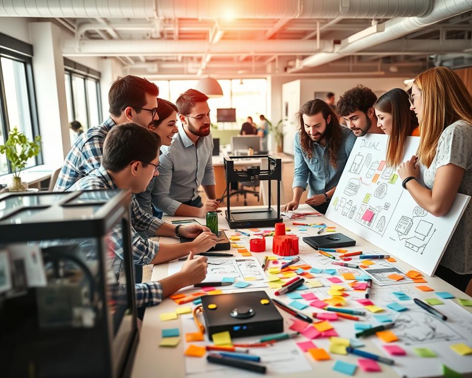 A vibrant, dynamic scene depicting the creative process of new business ideas. In the foreground, a diverse group of entrepreneurs brainstorm, sketching concepts on a large whiteboard. Colorful sticky notes and markers litter the table, conveying a sense of boundless innovation. In the middle ground, a 3D printer whirs, bringing prototypes to life. The background showcases a modern, open-concept office space, filled with natural light and contemporary furnishings that inspire collaboration and ideation. The overall mood is one of excitement, energy, and the thrill of entrepreneurial discovery, capturing the essence of "Kreativität und Innovation als Erfolgsfaktoren".