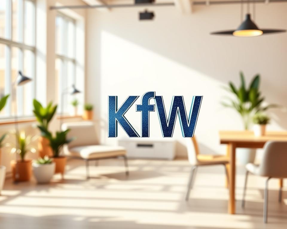A vibrant illustration of a KfW (Kreditanstalt für Wiederaufbau) logo, symbolizing the organization's support for entrepreneurship and self-employment. The logo appears prominently in the foreground, rendered in a clean, modern style with a metallic sheen that catches the light. The background features a warm, inviting workspace setting, with minimalist furniture and natural elements like potted plants, suggesting an environment conducive to small business development and growth. The overall composition conveys a sense of professionalism, innovation, and the empowering possibilities of KfW's funding and guidance for aspiring entrepreneurs.