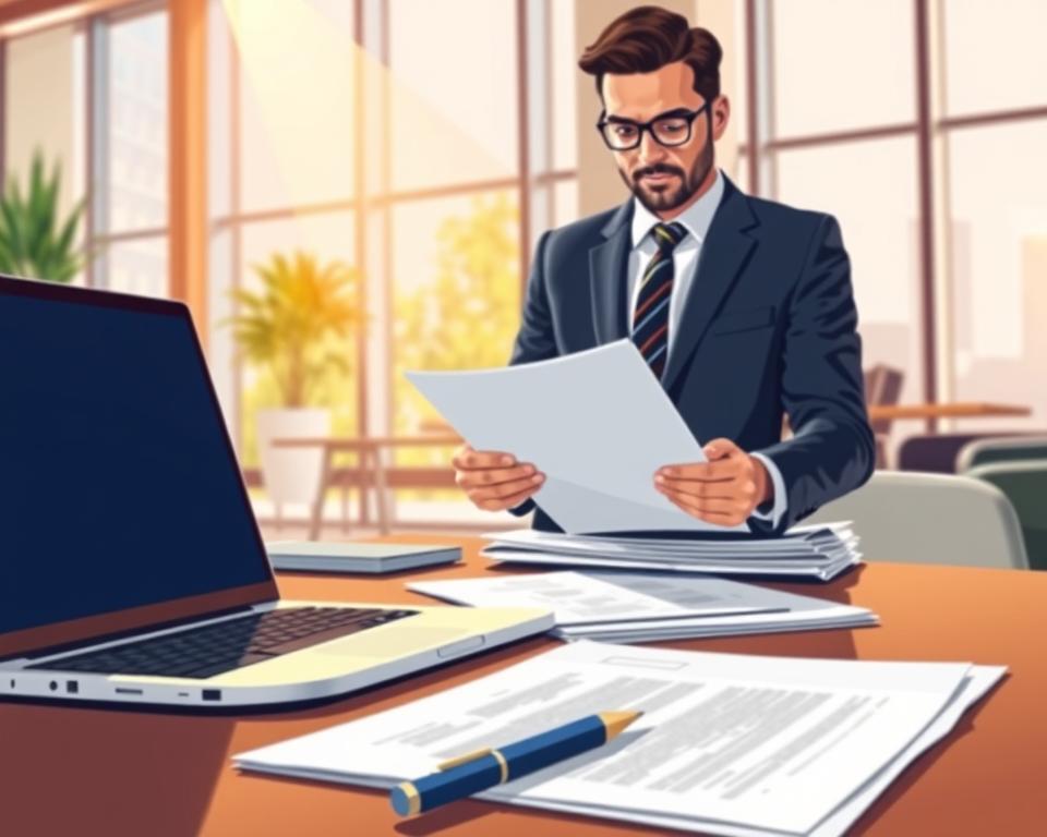 A vibrant illustration of a financial grant application process for new business owners. In the foreground, a desk with a laptop, pen, and stack of documents. In the middle ground, a person in a suit reviewing paperwork, with a confident expression. The background features a modern office setting with sleek furniture and large windows, bathed in warm, natural lighting. The overall atmosphere conveys a sense of professionalism, progress, and the potential for entrepreneurial success enabled by the financial assistance program.