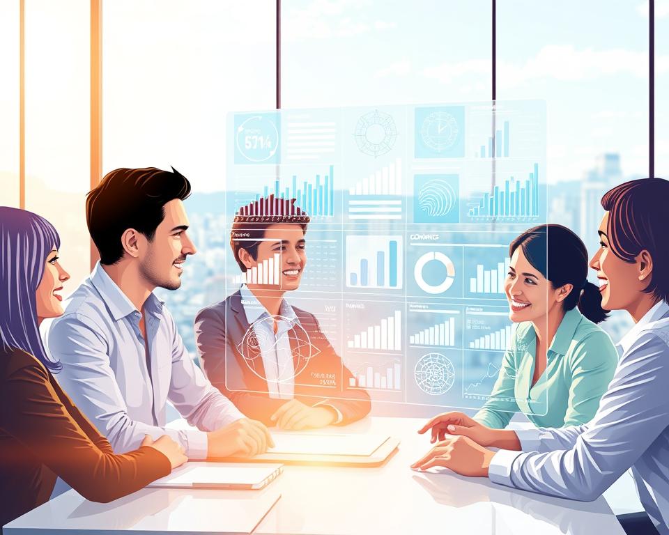 A vibrant, meticulously detailed illustration showcasing the economic benefits of KI tools. In the foreground, a group of business professionals engrossed in a collaborative meeting, their faces illuminated by the soft, warm glow of a modern, minimalist office setting. In the middle ground, a holographic display showcases a variety of KI-powered analytics and insights, their dynamic visualizations painting a clear picture of the tools' impact on productivity, cost-savings, and strategic decision-making. The background fades into a serene, sun-dappled cityscape, suggesting the far-reaching, transformative potential of these innovative technologies. The overall composition conveys a sense of enthusiasm, progress, and the boundless opportunities presented by the integration of KI into the modern business landscape.