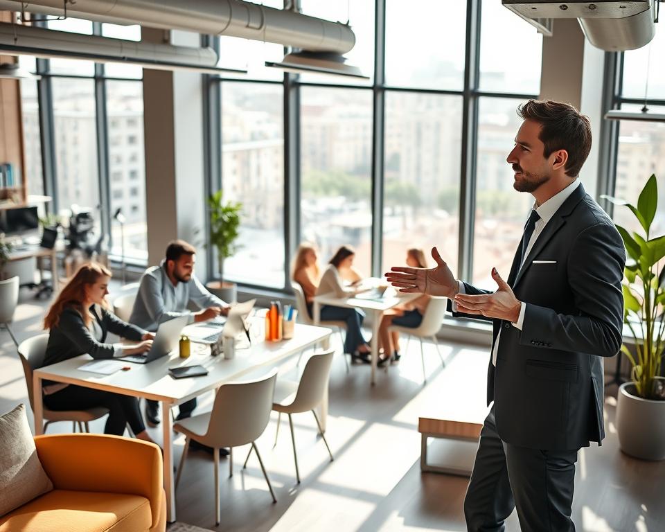 A vibrant, modern coworking space in the heart of Germany, with bright natural lighting streaming through large windows. Sleek, minimalist furniture and decor create a professional yet inviting atmosphere. Young, diverse entrepreneurs collaborate at their desks, engrossed in their laptops and discussing ideas. In the foreground, a smartly dressed business owner stands, gesturing enthusiastically as they explain their startup's mission. The middle ground features a communal seating area with lively discussion, while the background showcases the cityscape outside, reflecting the dynamic energy of entrepreneurship in Deutschland.