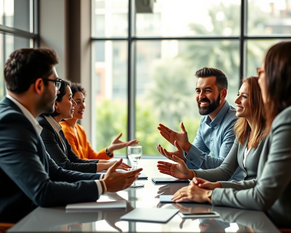 A vibrant, photorealistic image of a business coaching session, with a diverse group of professionals engaged in an animated discussion. The scene is set in a modern, well-lit office space, with large windows allowing natural light to flood the room. The participants, seated around a sleek conference table, are gesturing animatedly, their expressions reflecting a range of emotions from contemplation to excitement. The background is blurred, allowing the focus to remain on the group's interaction, which is captured from a slightly elevated angle, conveying a sense of engagement and collaboration. The overall mood is one of productivity, collaboration, and a shared commitment to professional growth and development.