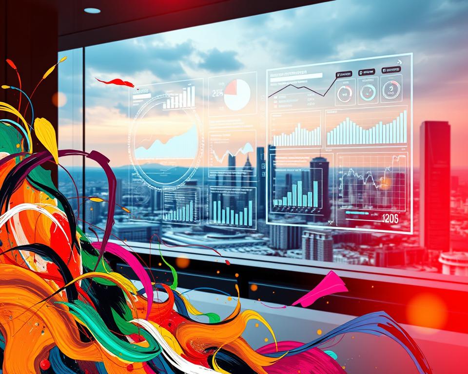 A vibrant scene of creativity and market analysis, showcasing a dynamic flow of ideas and data. The foreground features a colorful abstract composition, with swirling shapes and brushstrokes representing the imaginative spark of innovation. In the middle ground, a holographic display presents intricate graphs, charts, and statistical visualizations, reflecting the analytical process. The background depicts a sleek, futuristic cityscape, hinting at the vast potential of the market landscape. Warm, diffused lighting casts a dreamlike glow, evoking a sense of boundless possibilities. Captured through a wide-angle lens, the scene conveys a sense of expansive exploration and the harmonious integration of creativity and market insight.