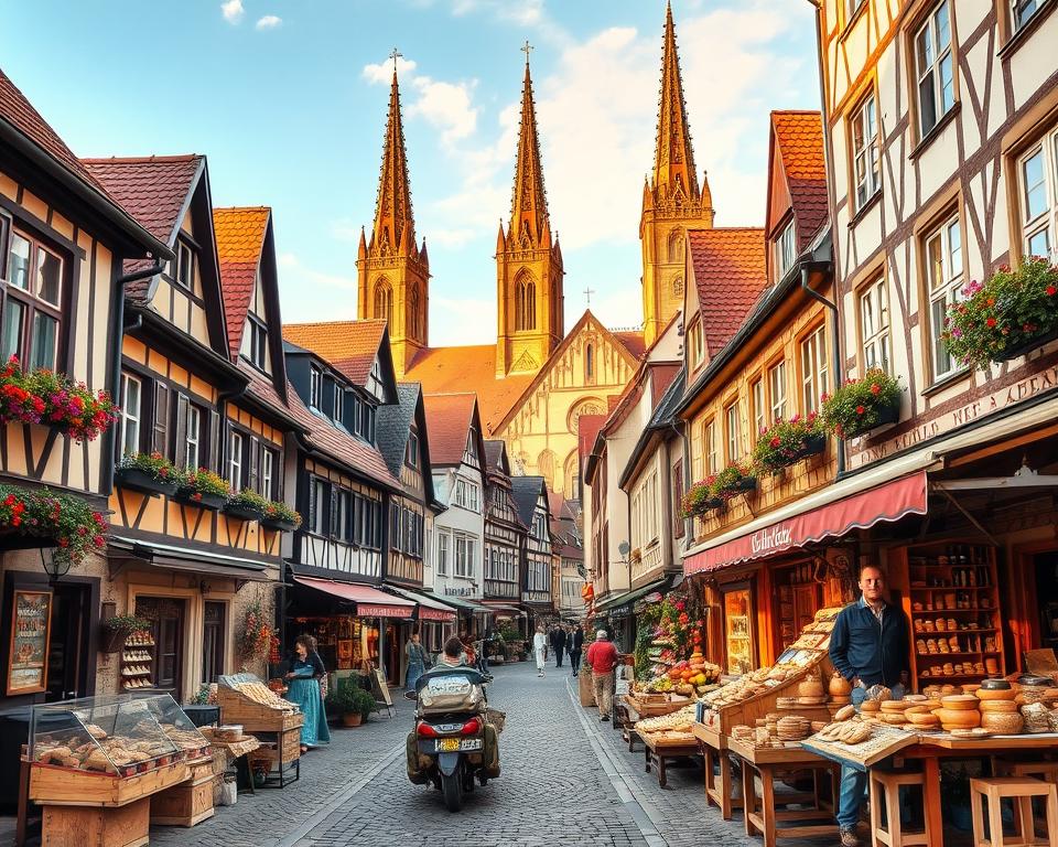 A vibrant street scene in a charming town in North Rhine-Westphalia, Germany. Quaint half-timbered houses line the cobblestone streets, their facades adorned with colorful window boxes and flower-draped balconies. In the foreground, local artisans and vendors sell their wares at a bustling outdoor market, their stalls brimming with regional specialties - handcrafted pottery, fragrant baked goods, and artisanal cheeses. The scene is bathed in warm, golden light, evoking a sense of timeless tradition and community. Towering church spires rise in the distance, their ornate architecture a testament to the area's rich cultural heritage. An inviting, peaceful atmosphere permeates the entire setting, showcasing the unique local character of this picturesque corner of Germany.