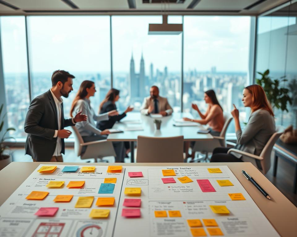 A vibrant, well-organized office space with a variety of successful small business strategy concepts. In the foreground, a desk displays a meticulously planned business strategy board, color-coded with sticky notes and diagrams. In the middle ground, a team collaborates around a sleek conference table, gesturing animatedly as they discuss innovative ideas. The background showcases an expansive view of a modern cityscape, conveying a sense of opportunity and growth. Warm, directional lighting casts a professional yet inspiring atmosphere, highlighting the determination and forward-thinking mindset of the small business owners. The overall scene exudes a mood of focused productivity and strategic vision.
