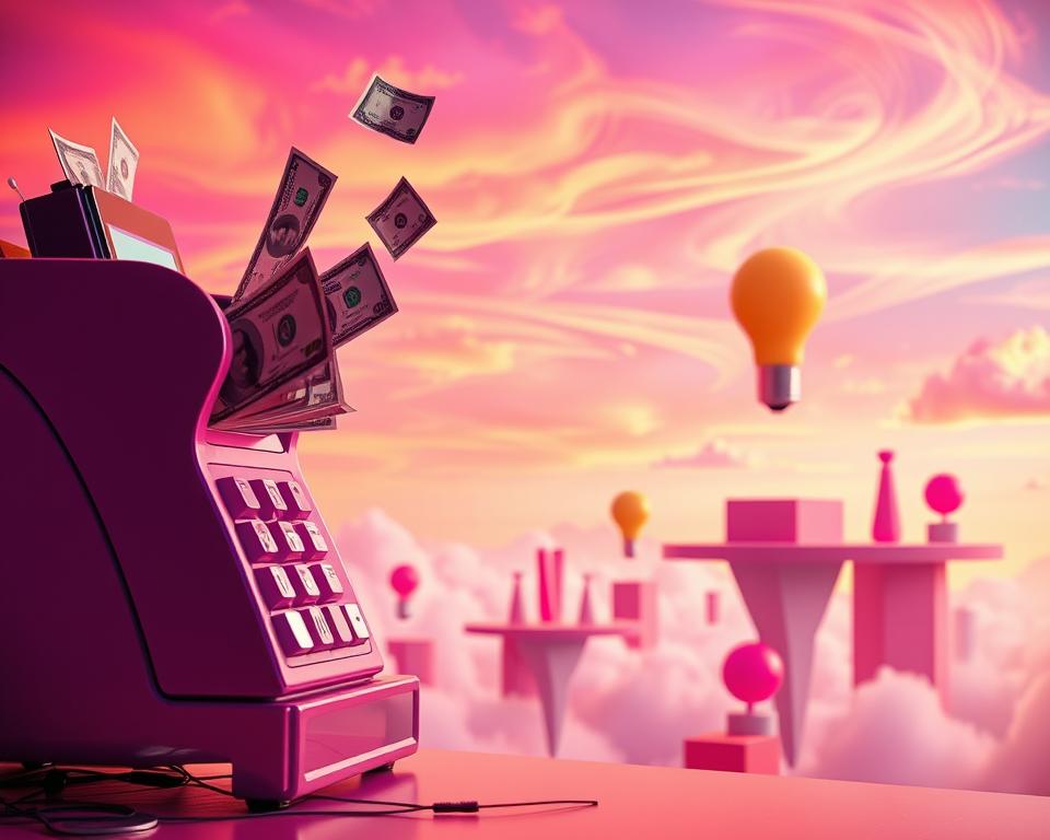 A vibrant, whimsical scene of quirky, creative business ideas come to life. In the foreground, a larger-than-life cash register dispenses dollar bills, accompanied by a playful, oversized smartphone and a zany, floating lightbulb. In the middle ground, a surreal landscape of floating platforms and geometric shapes in vivid colors, hinting at the boundless potential of unconventional thinking. The background features a dreamlike, technicolor sky with wispy clouds, casting a warm, imaginative glow over the entire composition. Lighting is soft and diffused, creating a sense of wonder and playfulness. The overall atmosphere is one of boundless creativity, innovation, and the joyful exploration of "crazy" business ideas.