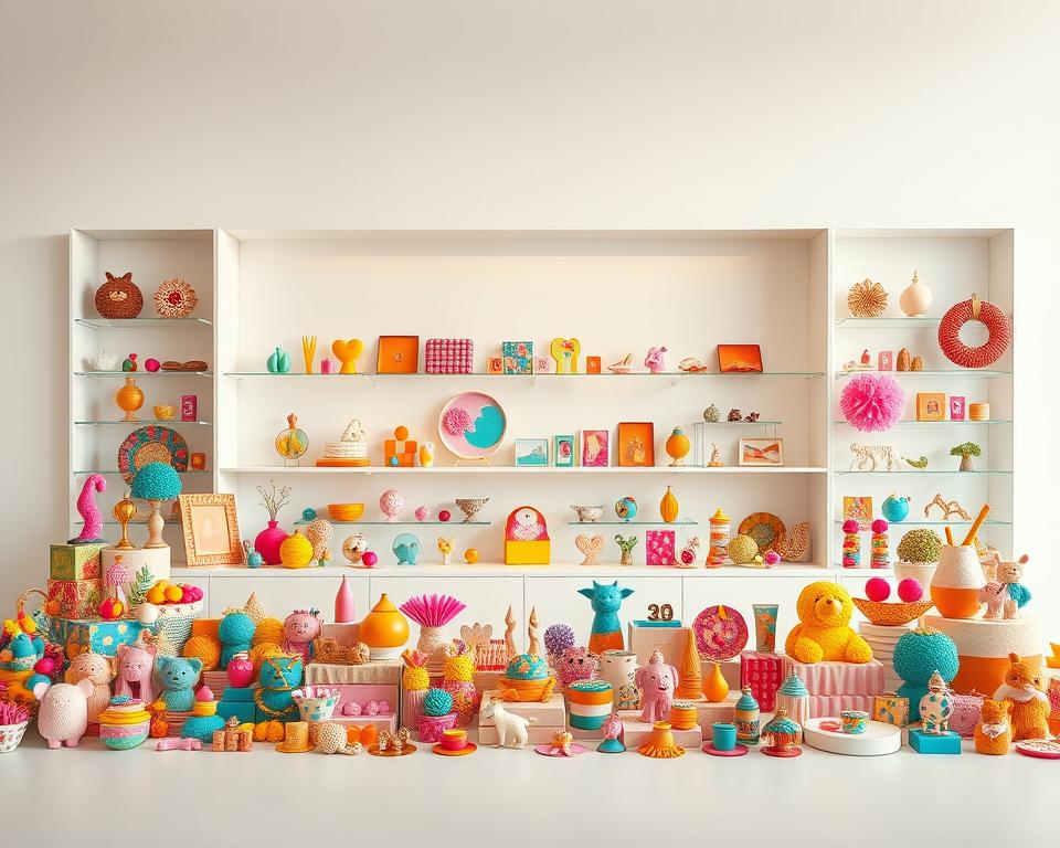 A vibrant, whimsical weekly product assortment concept, showcasing a kaleidoscope of captivating items set against a clean, minimalist backdrop. The foreground features an array of diverse, beautifully crafted products, meticulously arranged to create a visually striking and cohesive display. The middle ground offers a sense of depth, with sleek, modern shelving or display units showcasing the products in an elegant, organized manner. The background maintains a crisp, neutral palette, allowing the vibrant colors and textures of the products to take center stage. Soft, diffused lighting casts a warm, inviting glow, highlighting the quality and craftsmanship of the items. The overall composition conveys a sense of discovery, creativity, and the excitement of a new world unfolding every week.