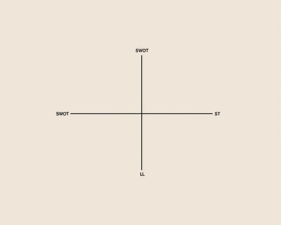 A well-designed SWOT matrix with a clean, minimalist aesthetic. The matrix is rendered in a muted, earthy color palette, with crisp lines and balanced symmetry. The background has a subtle, textured gradient that evokes a sense of professionalism and analysis. The matrix is the central focus, occupying the majority of the frame, with ample negative space surrounding it to create a sense of clarity and emphasis. The overall mood is one of thoughtful, strategic contemplation, perfectly suited to illustrate the "Einführung in die SWOT-Analyse" section of the article.