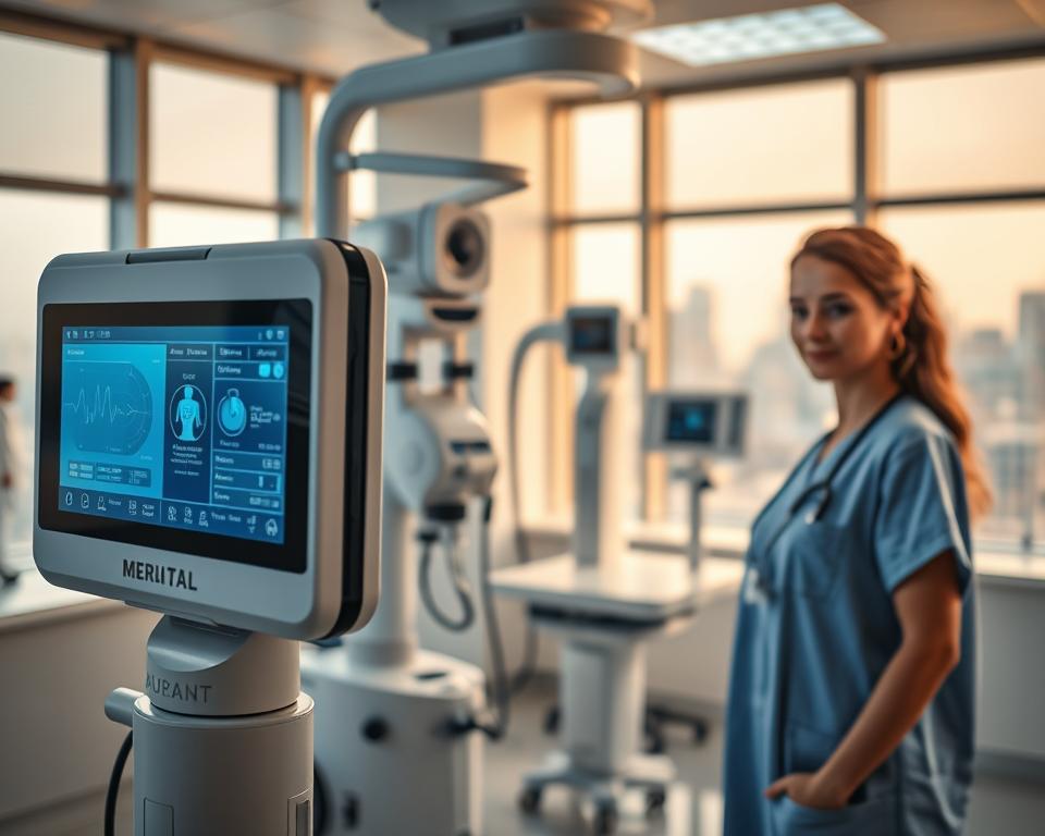A well-equipped medical facility, bathed in soft lighting. In the foreground, a high-tech telehealth device, its sleek design and intuitive interface inviting interaction. Nearby, a nurse monitors vital signs, her expression calm and focused. In the middle ground, an array of diagnostic equipment stands ready, their purpose evident in their precise forms. The background reveals a serene, modern interior, with large windows offering a glimpse of the city beyond. The overall atmosphere conveys a sense of cutting-edge technology seamlessly integrated with attentive, personalized care - a vision of the future of healthcare.