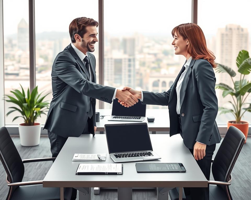 A well-lit, detailed illustration of the concept of a Gesellschaft mit beschränkter Haftung (GmbH), or limited liability company, in a corporate office setting. The foreground features a professional-looking handshake between two businesspeople, representing the establishment of a new GmbH. In the middle ground, there is a contemporary desk with a laptop, paperwork, and a potted plant, hinting at the administrative aspects of founding a GmbH. The background showcases a modern, minimalist office interior with large windows overlooking a cityscape, conveying a sense of professionalism and success. The overall mood is one of formality, collaboration, and the legal and financial considerations involved in establishing a GmbH in Germany.