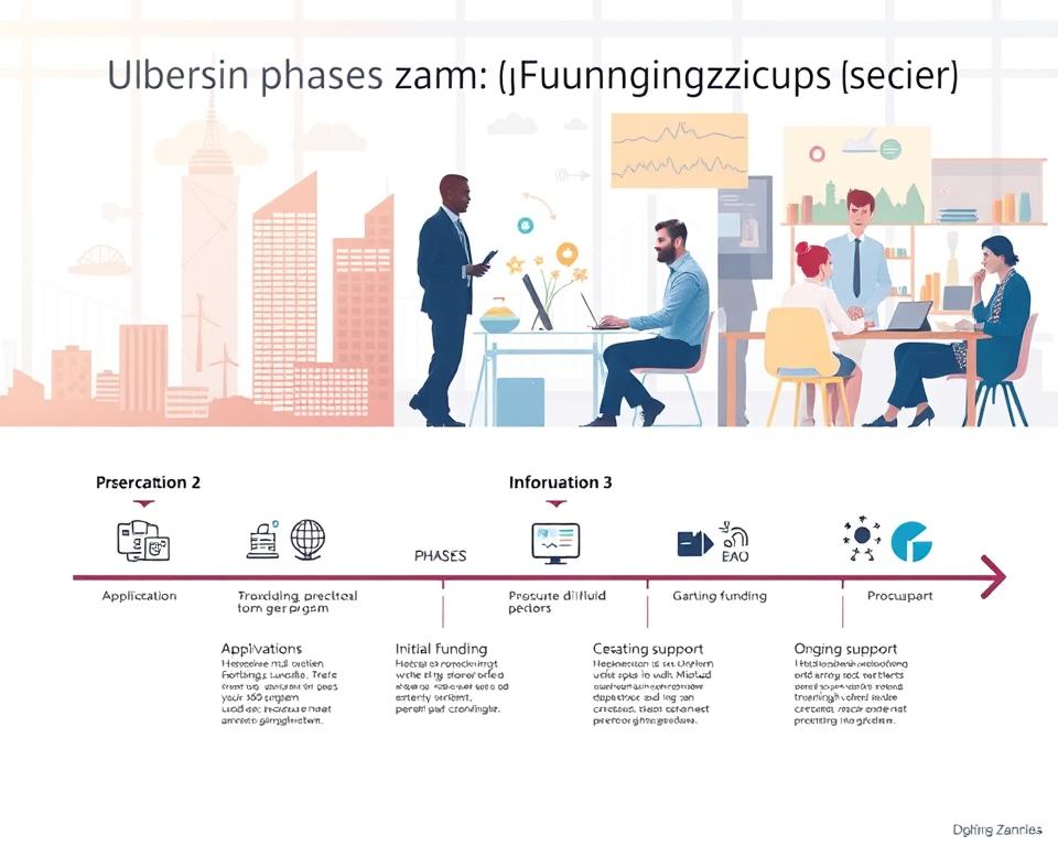 A well-lit, high-resolution illustration depicting the distinct phases of the German "Gründungszuschuss" (start-up grant) program. The foreground showcases a timeline with clearly delineated stages, such as the application process, approval, initial funding, and ongoing support. The middle ground features dynamic icons and infographic elements that visually communicate the key aspects of each phase. The background subtly blends professional business imagery, such as office landscapes, startup workspaces, and entrepreneurial mentorship scenes, to create a cohesive, informative, and visually engaging composition that accurately represents the "Überblick zum Gründungszuschuss" section.