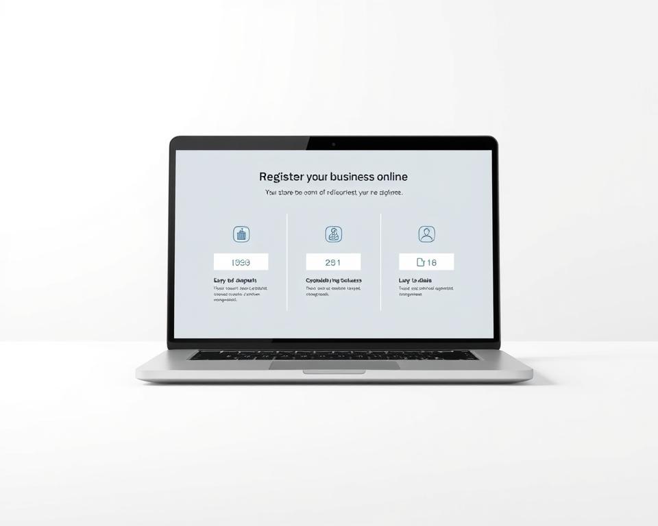 A well-lit, high-resolution illustration depicting the step-by-step process of registering a business online. A minimalist, clean design showcasing the key stages through a series of simplified icons and infographic-style visuals. The foreground features a sleek laptop or tablet interface guiding the user through the registration workflow. The middle ground presents a progression of intuitive action steps, while the background maintains a tranquil, neutral color palette to maintain focus on the core task. Rendered with a subtle, soft-focus effect and a touch of elegant sophistication to convey an efficient, user-friendly experience.