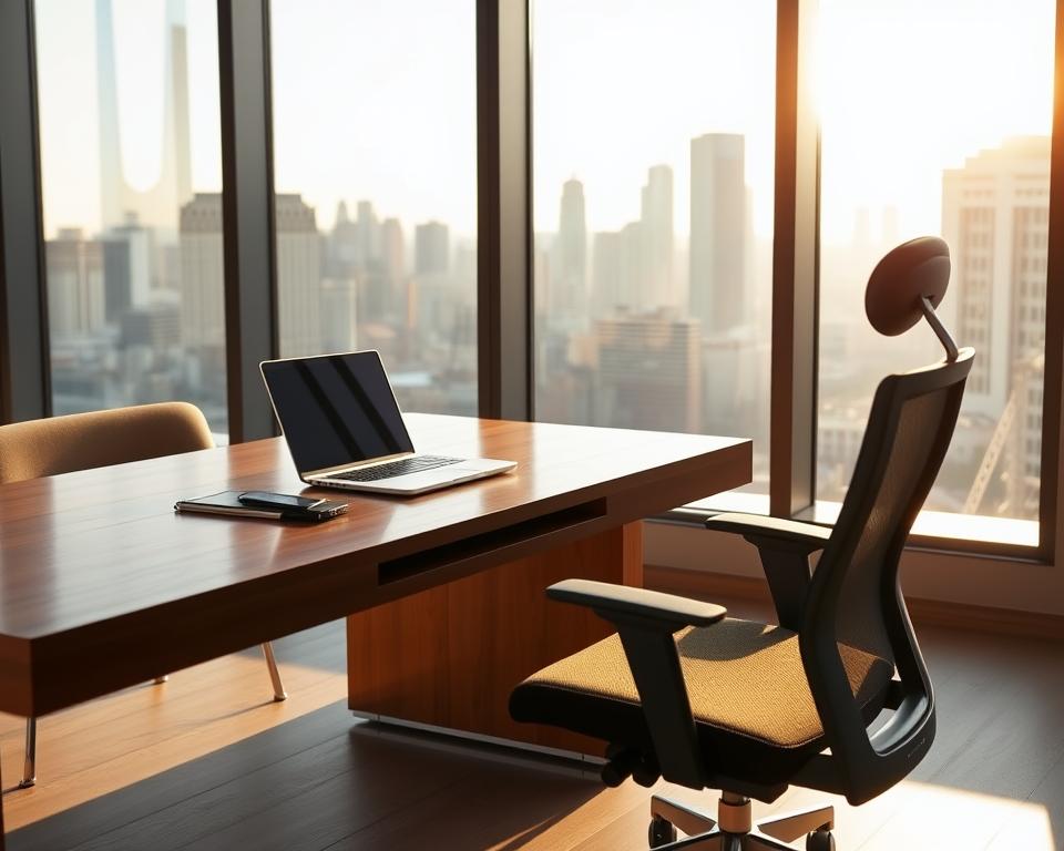 A well-lit modern office setting with a polished wooden desk and ergonomic office chair. On the desk, a laptop and a few office supplies, suggesting a professional working environment. In the background, floor-to-ceiling windows overlooking a city skyline, bathing the scene in warm, natural light. The overall atmosphere is one of efficiency and productivity, with a touch of simplicity and minimalism. The image should convey a sense of helpful information and resources related to common questions about business registration.
