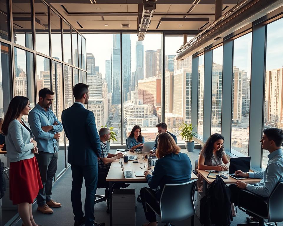 A well-lit, wide-angle photograph of a diverse array of professional services being offered in a bustling urban setting. In the foreground, a sleek, modern office with floor-to-ceiling windows showcases a range of skilled individuals - a financial advisor, a web designer, a personal trainer, and a language tutor - all engaged with clients. The middle ground features a thriving coworking space, where freelancers and small business owners collaborate in a vibrant, creative atmosphere. In the background, a cityscape of skyscrapers and bustling streets conveys the dynamic, entrepreneurial energy of the local community. The overall scene reflects the versatility and potential of service-based business models for aspiring small-scale entrepreneurs.