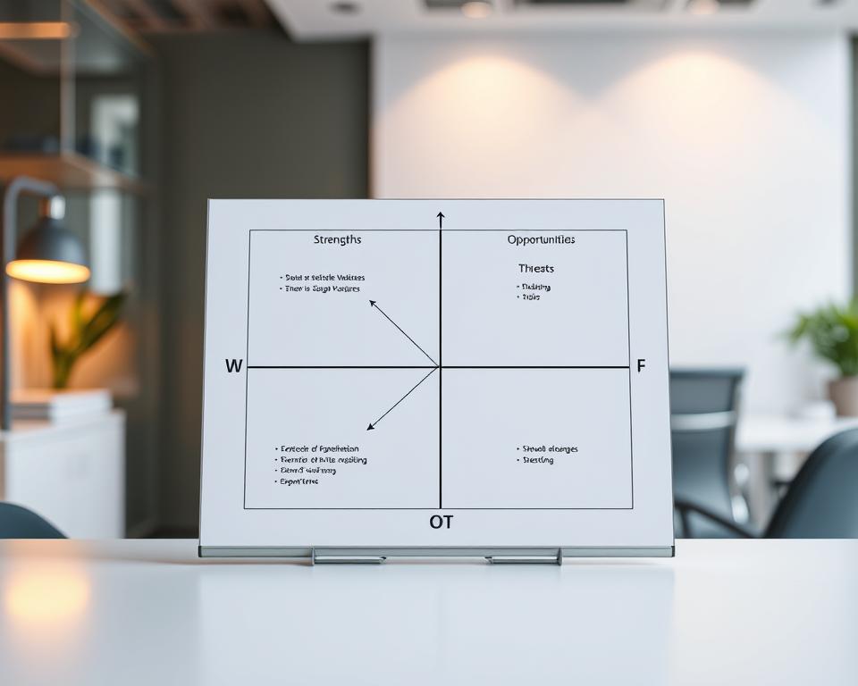 A well-organized SWOT matrix displayed on a clean, minimalist desk surface, illuminated by warm, directional lighting. The matrix is composed of clean, geometric shapes and lines, conveying a sense of structure and analysis. The foreground showcases the matrix's four quadrants - Strengths, Weaknesses, Opportunities, and Threats - each represented by distinct symbols or icons. The middle ground presents the matrix in a simplified, schematic form, emphasizing its methodical approach. The background features a subtle, blurred office environment, suggesting a professional, corporate context. The overall aesthetic is modern, sleek, and visually compelling, suitable for illustrating the "SWOT Analyse Unternehmen: Methodik und Anwendung" section.