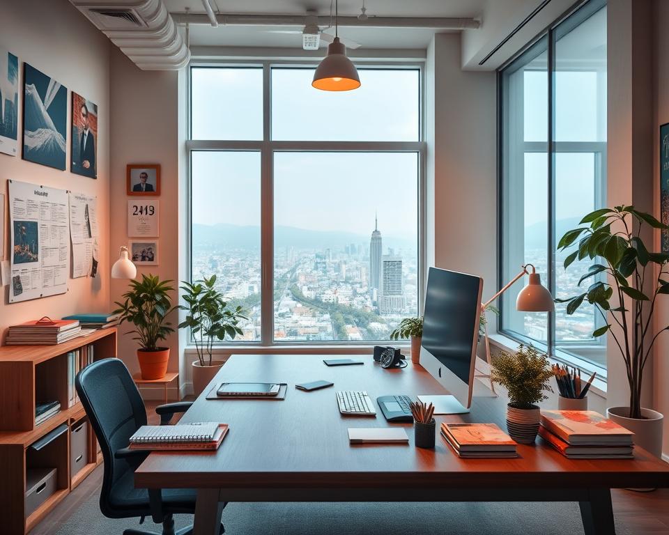 A well-organized office space with an open, airy atmosphere. Wooden desk, computer, and stationery supplies neatly arranged. Warm lighting casts a soft glow, creating a serene and focused ambiance. On the walls, inspirational visuals and planning boards help guide the entrepreneurial journey. A potted plant brings a touch of nature, while a large window overlooking a picturesque cityscape offers a sense of possibility. The overall scene conveys a thoughtful, methodical approach to planning and preparing for successful self-employment.