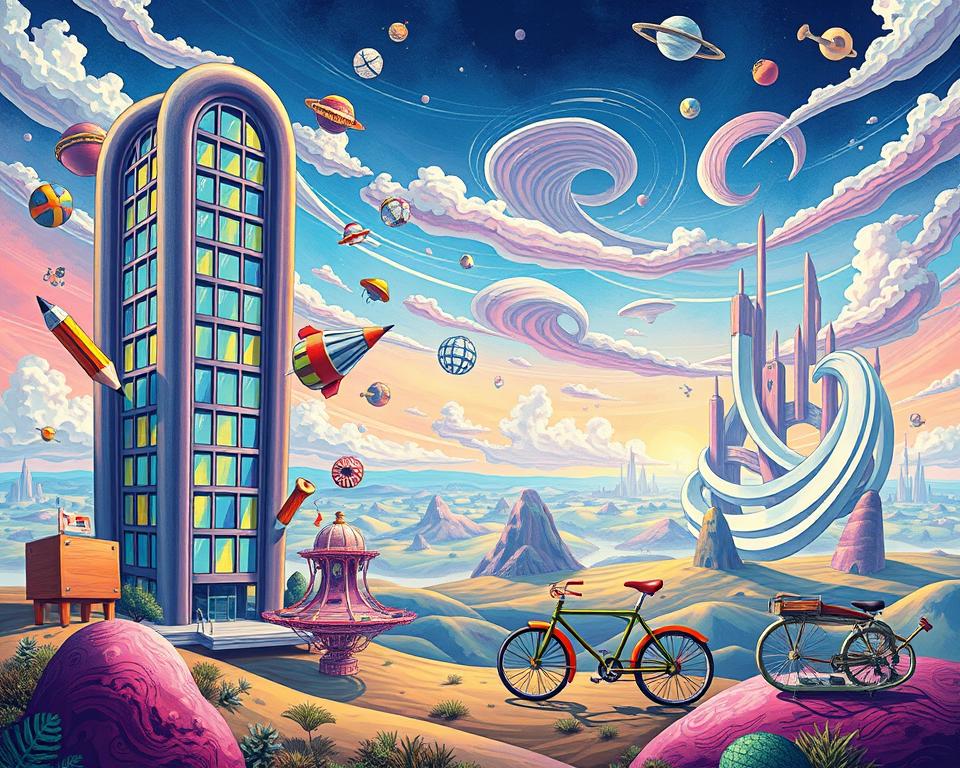 A whimsical scene of bizarre and unconventional business ideas, captured in a vibrant, surreal illustration. In the foreground, a giant paperclip-shaped office building stands tall, its windows gleaming with an otherworldly glow. Floating around it, an array of quirky, misshapen objects - a giant pencil, a flying saucer-shaped desk, a rainbow-colored bicycle - all competing for attention. The middle ground is a dreamlike landscape, with floating islands, swirling clouds, and a sky that seems to shift and shimmer with energy. In the background, a horizon of towering, abstract structures, their forms twisting and turning in unexpected ways. The overall atmosphere is one of whimsy, creativity, and a sense of the unexpected, capturing the essence of "verrückte Geschäftsideen" - crazy, off-the-wall business concepts that defy convention.