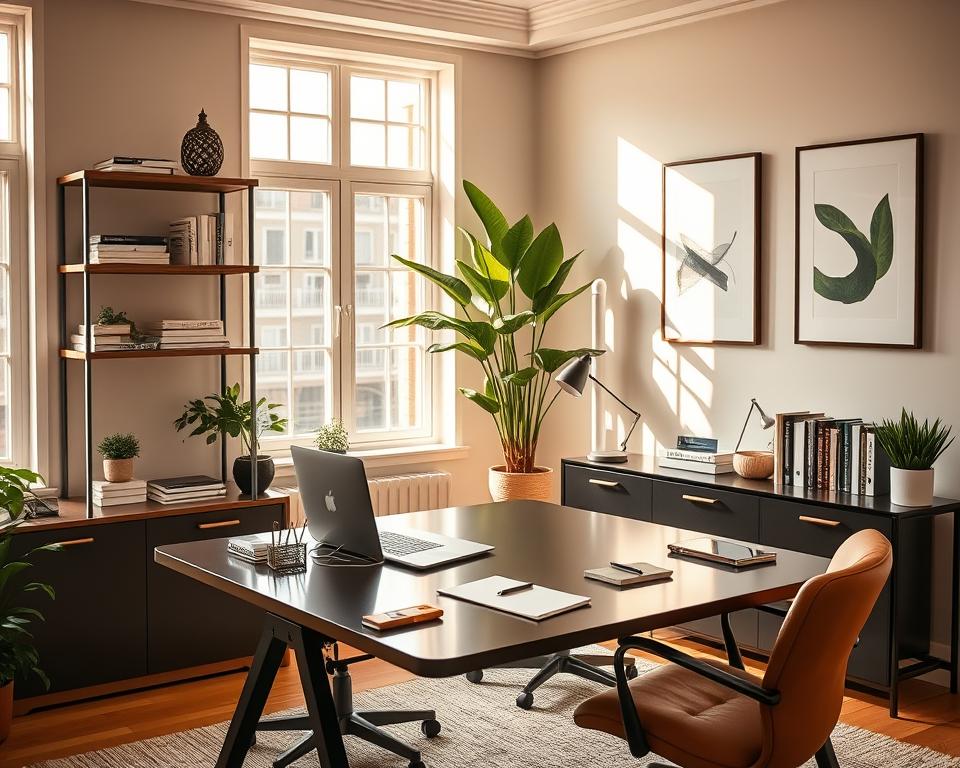 An elegant home office setup with a modern desk, comfortable chair, and various home business tools and decor. The room is bathed in warm, natural lighting through large windows, creating a cozy and productive atmosphere. On the desk, a laptop, stationery, and a potted plant sit neatly arranged. Shelves on the wall display books, files, and decorative accents that reflect the owner's professionalism and style. In the background, a lush indoor plant and minimalist wall art complete the serene, inspiring home workspace.