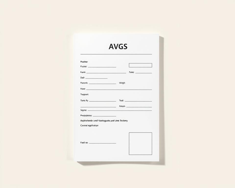 An elegant, minimalist illustration of a formal application form for the AVGS (Aktivierungs- und Vermittlungsgutschein) program, set against a clean, neutral background. The form is rendered in a neutral, high-contrast color palette, with a simple, uncluttered layout emphasizing the core information fields. Soft, diffused lighting casts gentle shadows, creating depth and a sense of depth. The overall composition is balanced and visually appealing, drawing the viewer's eye to the core elements of the AVGS application process.
