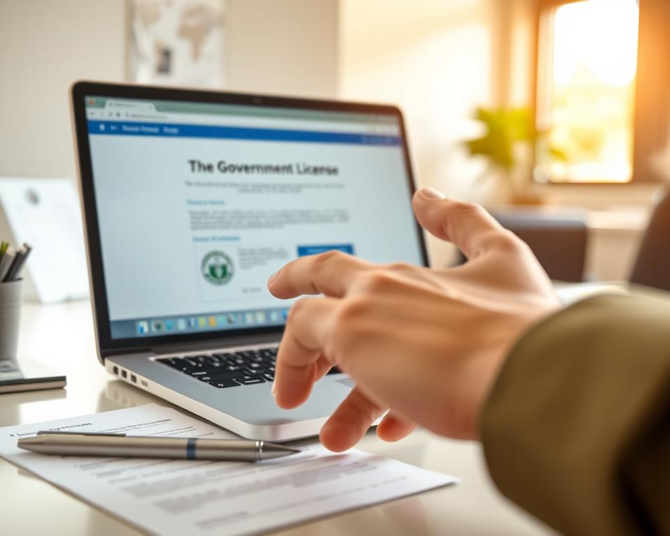 An office desk with a laptop, pen, and documents, illuminated by warm, natural lighting from a nearby window. In the foreground, a hand hovers over the laptop, ready to navigate an online government portal. The background features a clean, minimalist workspace, with subtle hints of professionalism and organization. The mood is one of focus and efficiency, as the user prepares to complete the necessary steps to apply for a business license online.