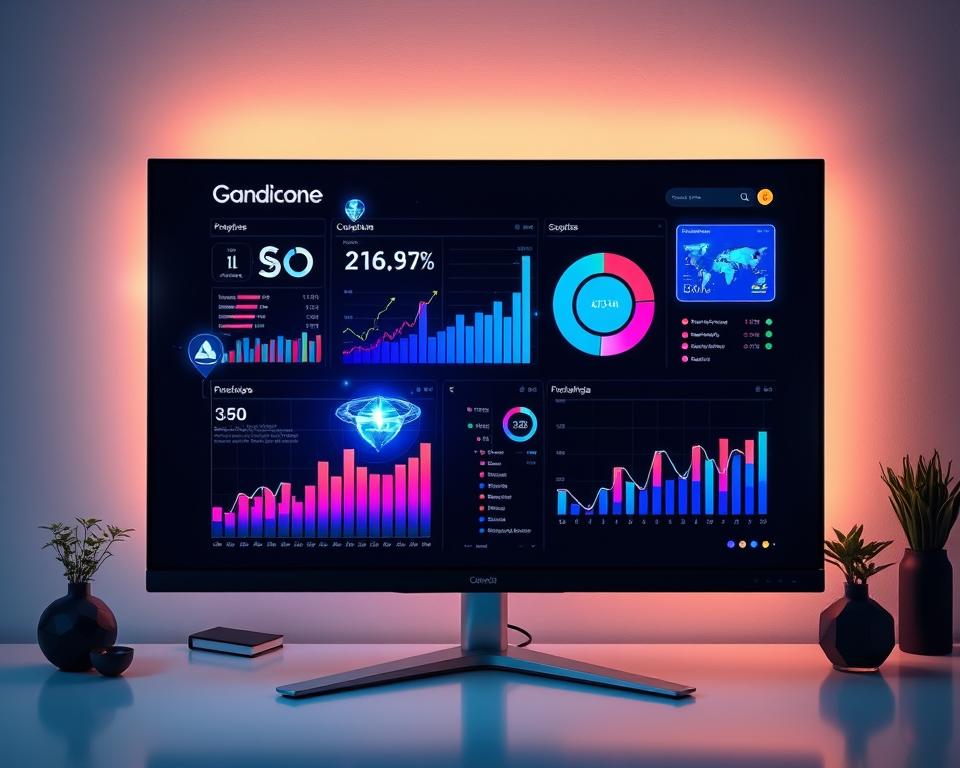 Innovative Geschäftsmonitore: a sleek, futuristic display showcasing cutting-edge business analytics and real-time data visualization. Floating holographic interfaces, vibrant color schemes, and minimalist design elements create an immersive, high-tech environment. Subtle ambient lighting casts a warm glow, highlighting the display's crisp, high-resolution panels. The monitor's clean, modular form factor exudes a sense of efficiency and innovation, perfectly suited for a modern home office or coworking space. Meticulously crafted from premium materials, this display represents the pinnacle of smart, data-driven business solutions for the self-employed professional.