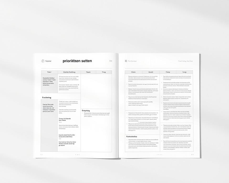 a detailed planning guide with a minimalist and organized layout, set against a soft, muted background. the layout features clean lines, simple shapes, and a neutral color palette of grays, whites, and subtle accents. the composition has a balanced, symmetrical design with a clear hierarchy of elements, emphasizing the importance of the "prioritäten setzen beispiel: konkreter leitfaden zur planung" title. the lighting is diffused and natural, creating a calming, focused atmosphere. the overall aesthetic is professional, practical, and easy to follow, reflecting the subject's emphasis on effective time management and prioritization.