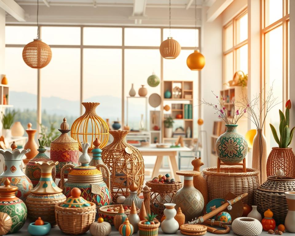 a highly detailed, visually striking image of innovative craft ideas and DIY projects, showcased in a bright, airy, and contemporary setting. The foreground features a variety of colorful, intricate handmade items such as decorative vases, woven baskets, and unique trinkets, arranged in an artful, eye-catching display. The middle ground depicts a clean, minimalist workspace with various craft supplies and tools, suggesting a creative, inspirational environment. The background depicts a large window overlooking a serene, natural landscape, bathed in warm, soft lighting that creates a calming, serene atmosphere. The overall composition conveys a sense of innovation, creativity, and a passion for handmade, one-of-a-kind products.