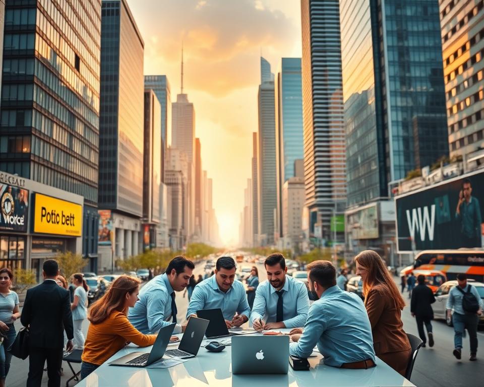 A bustling cityscape with modern high-rise buildings, reflecting the success of various online business ventures. In the foreground, a group of entrepreneurs gathered around a table, discussing their innovative ideas and strategies. The middle ground features a diverse array of digital devices, from laptops to tablets, symbolizing the integration of technology into their operations. The background showcases a vibrant and energetic urban environment, with pedestrians and vehicles moving dynamically. The scene is illuminated by a warm, golden hue, creating a sense of prosperity and achievement. The overall composition conveys the excitement and potential of successful online business ideas.