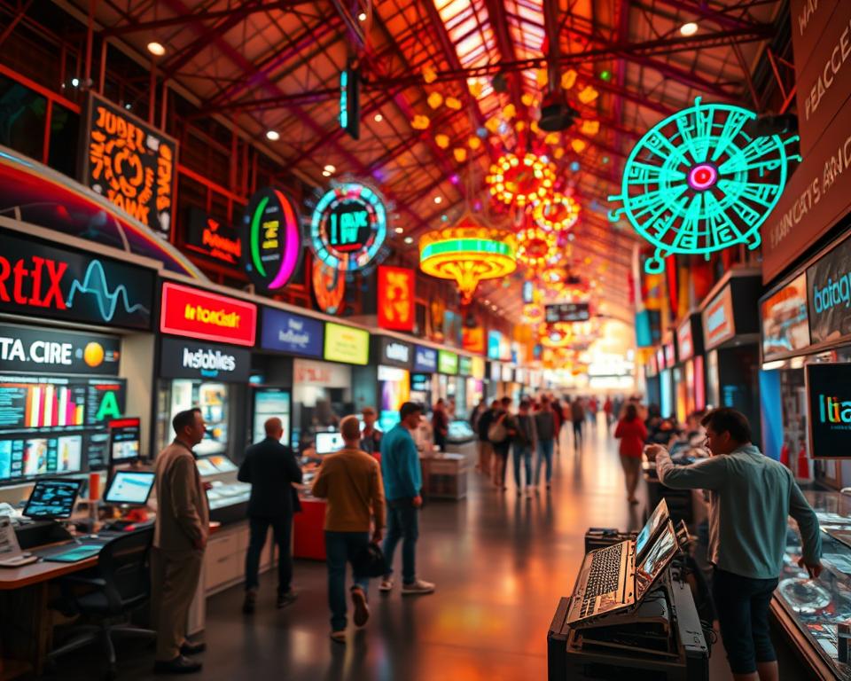 A bustling digital marketplace, filled with vibrant colors and intricate patterns. In the foreground, sleek digital devices and futuristic interfaces beckon, hinting at the endless possibilities of the online world. The middle ground features a dynamic interplay of geometric shapes and abstract forms, conveying the fluid, ever-evolving nature of the digital landscape. In the background, a kaleidoscope of data visualizations and digital networks weave a tapestry of connectivity, highlighting the vast potential of untapped market opportunities. Warm, diffused lighting casts a soft, inviting glow, creating a sense of depth and immersion. Captured with a wide-angle lens, the scene exudes a sense of ambitious exploration and the promise of innovative digital solutions.