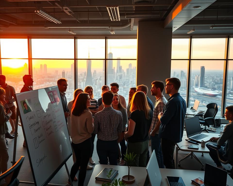 A bustling startup office, filled with the energy of innovation. In the foreground, a group of young entrepreneurs huddle around a whiteboard, brainstorming ideas, their expressions animated with excitement. The middle ground features a sleek, minimalist workspace, with state-of-the-art technology and ergonomic furniture. In the background, floor-to-ceiling windows offer a panoramic view of a vibrant city skyline, bathed in the warm glow of a golden hour sunset. The overall atmosphere is one of ambition, creativity, and the thrill of taking risks to build something groundbreaking.