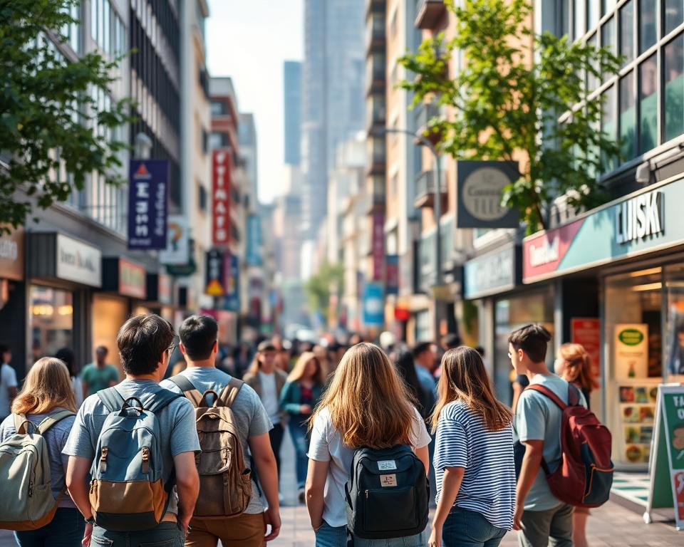 A bustling street scene with young students going about their daily lives, searching for part-time jobs and opportunities to earn extra money. In the foreground, a group of university-aged individuals stand chatting, their backpacks and casual attire suggesting they are on their way to or from classes. In the middle ground, a diverse array of small businesses and storefronts line the street, offering potential employment options. The background is filled with a vibrant urban landscape, complete with modern architecture, street lamps, and a sense of energy and possibility. The lighting is natural and warm, casting a soft glow over the scene and creating an inviting, aspirational atmosphere.