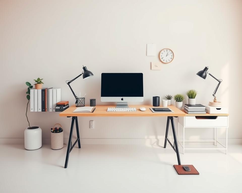 A clean, minimalist office setting with a desk, laptop, and various professional accoutrements arranged in a visually appealing manner. The lighting is soft and diffused, creating a warm, productive atmosphere. The background is a neutral, muted color that allows the key elements to stand out. The composition is balanced and symmetrical, conveying a sense of order and organization. The overall mood is one of focus, capability, and readiness to take on the necessary qualifications for a freelance business.