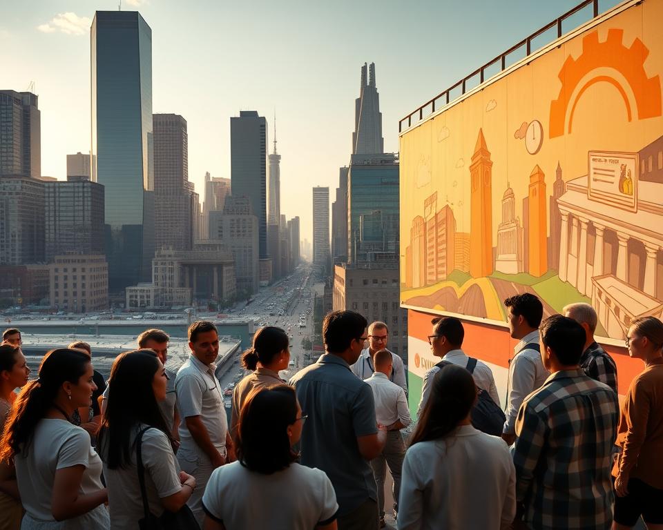 A dynamic startup cityscape, with towering skyscrapers casting long shadows across a bustling street below. In the foreground, a diverse group of entrepreneurs and investors engaged in animated discussion, their body language conveying determination and collaborative spirit. The middle ground features an array of innovative technology prototypes and business plans, illuminated by warm, golden lighting that suggests an atmosphere of possibility and growth. In the background, a vibrant mural depicts the journey of a small startup blossoming into a successful enterprise, symbolizing the strategies for a successful entry into the entrepreneurial landscape. The overall scene exudes a sense of energy, optimism, and the thrill of new beginnings.