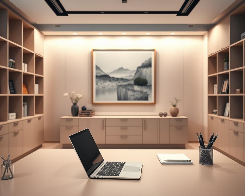A modern, sophisticated office setting with a clean, minimalist aesthetic. The foreground features a stylish desk with a laptop, a pen holder, and a few carefully arranged office supplies, conveying a sense of organization and professionalism. The middle ground showcases a large, framed abstract artwork on the wall, adding a touch of creativity and inspiration to the space. The background is filled with neutral-toned shelves and cabinets, creating a sense of depth and balance. The lighting is soft and diffused, casting a warm glow over the entire scene. The overall mood is one of productivity, innovation, and the pursuit of a successful business venture.