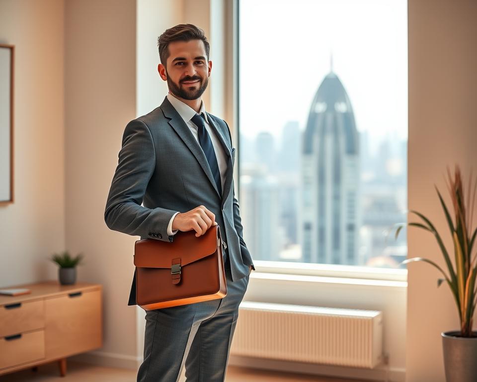 A self-employed professional standing confidently in a modern, well-lit office. They wear a crisp, tailored suit and carry a leather briefcase, symbolizing their entrepreneurial spirit and attention to detail. The background features clean, minimalist decor with a large window overlooking a bustling city skyline, conveying a sense of independence and opportunity. Warm, directional lighting illuminates the subject, creating a sense of focus and determination. The scene captures the essence of a Freiberufler - a independent, driven individual carving their own path in the business world.