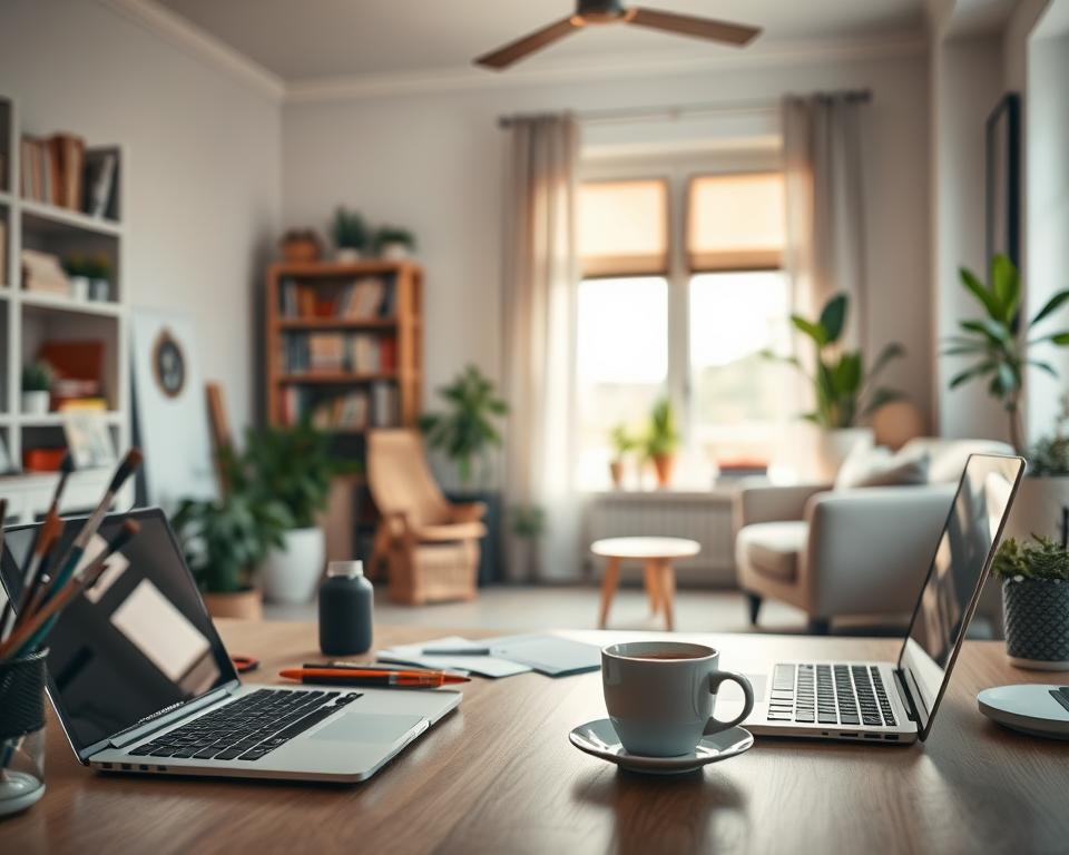 A serene home office set against a backdrop of soft, natural light. In the foreground, a freelancer's desk adorned with a laptop, pen, and a cup of steaming coffee. The middle ground features various creative tools such as paints, brushes, and a sketchpad, hinting at the diverse talents of the freelance professional. The background showcases a cozy living room with bookshelves, plants, and a comfortable armchair, creating a sense of balance and inspiration. The overall mood is one of focus, productivity, and a passion for independent work.