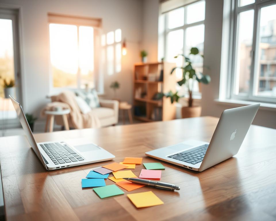 A serene, well-lit workspace with a large wooden desk, a sleek laptop, and a cozy reading nook in the background. Soft natural light streams in through large windows, casting a warm glow on a scatter of colorful sticky notes, a trusty pen, and a potted plant - symbols of the creative process. The atmosphere is calm and contemplative, inviting the viewer to immerse themselves in the world of business ideas and entrepreneurial possibilities.